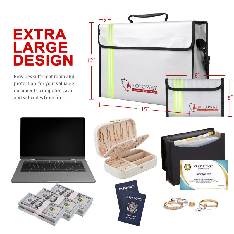 ROLOWAY Fireproof Document Bag with Reflective Strip  Large Fireproof Bag (15 x 12 x 5 inches)  Fireproof Safe Bag for Documents  Cash & Passport with Silicone Coating & Zipper Closure - Image 3
